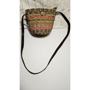 Vtg Cappelli Straworld Woven Crossbody Bucket Bag Pink Stripe Straw Summer Boho